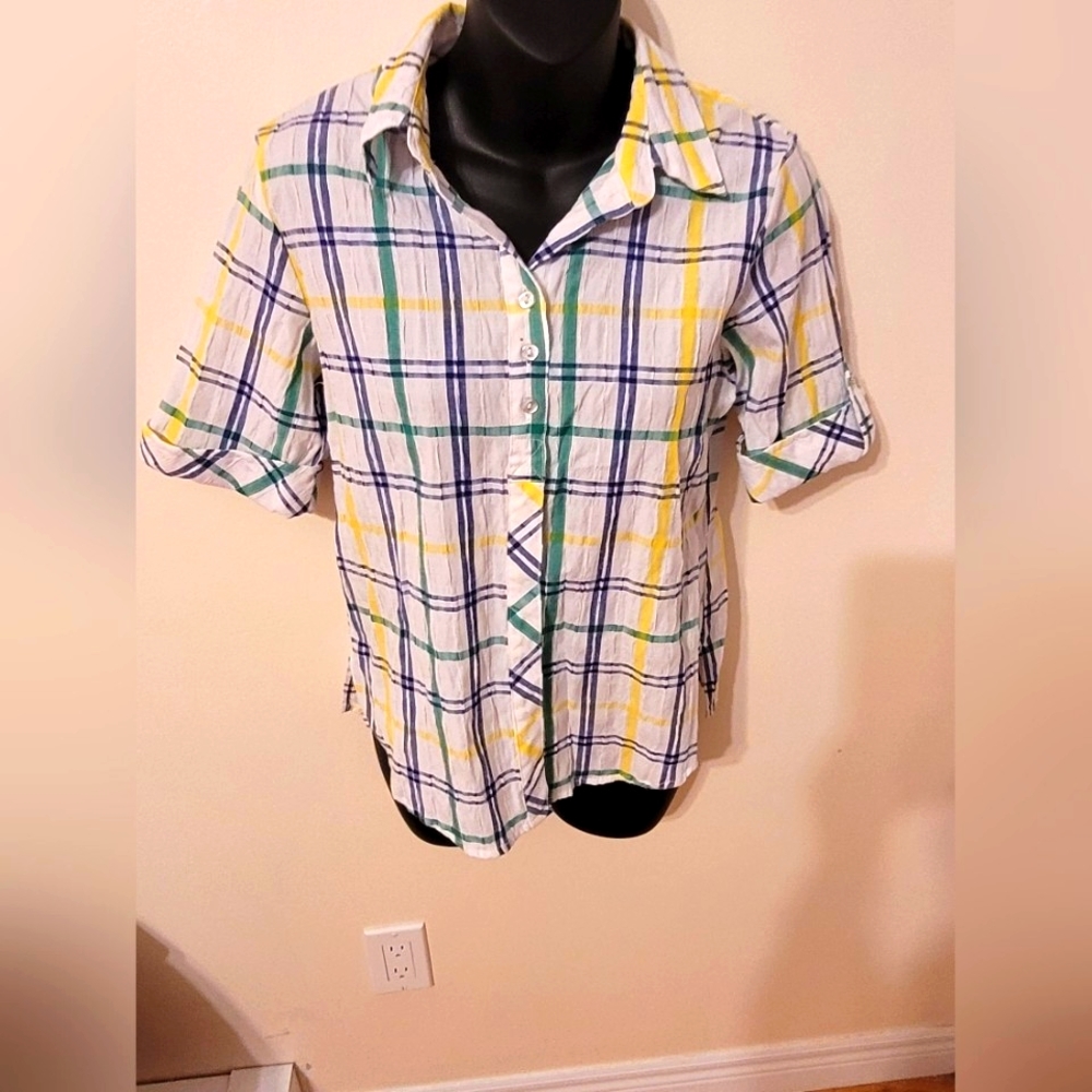 💙 Two Alia Ladies Plaid Button- up Shirts Size 8P)